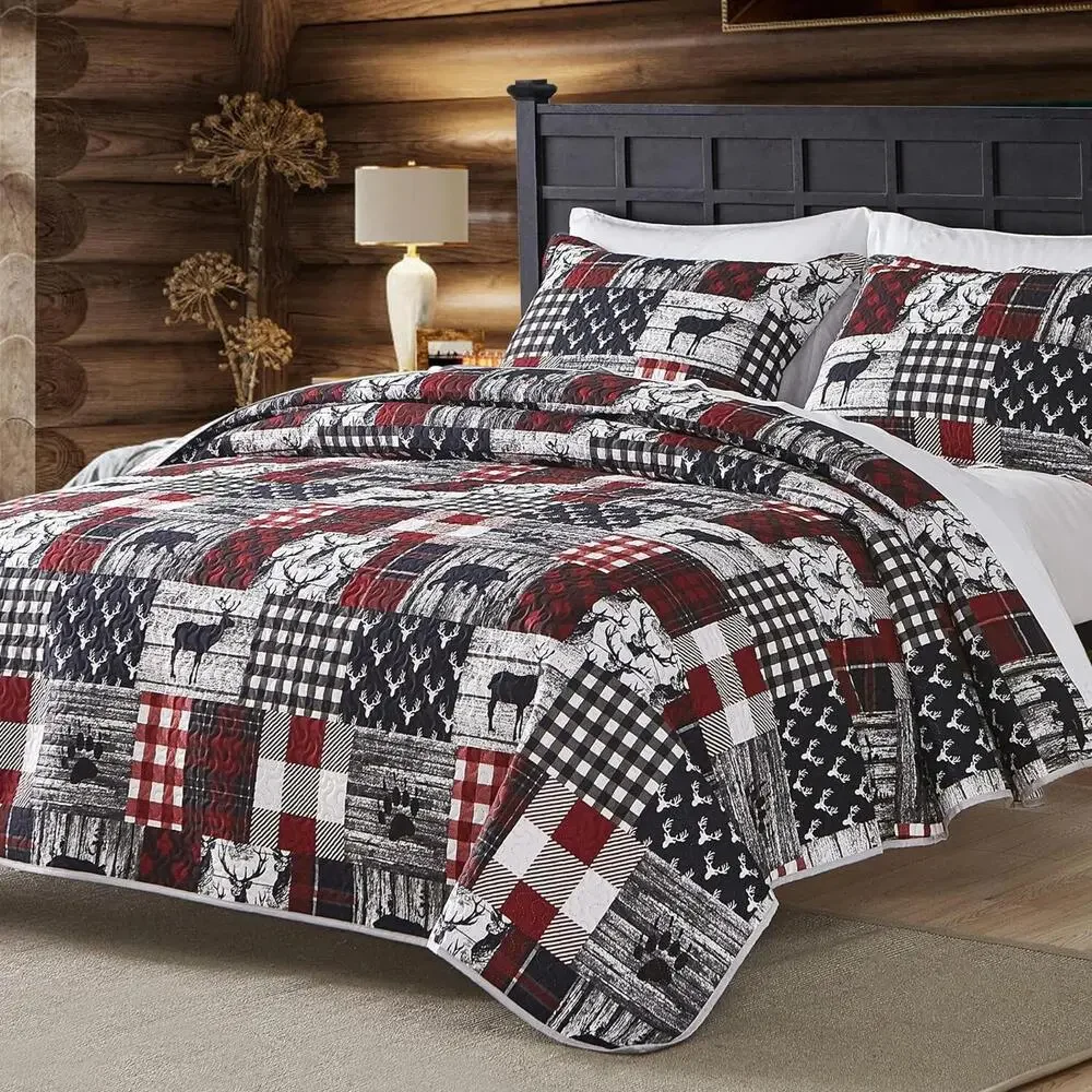 KING Comforter Set Cabin Country Deer Quilt Coverlet 3Pcs